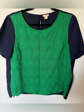 J.Crew Women’s Green Lace Front Short Sleeve Navy Blouse EUC Size XL